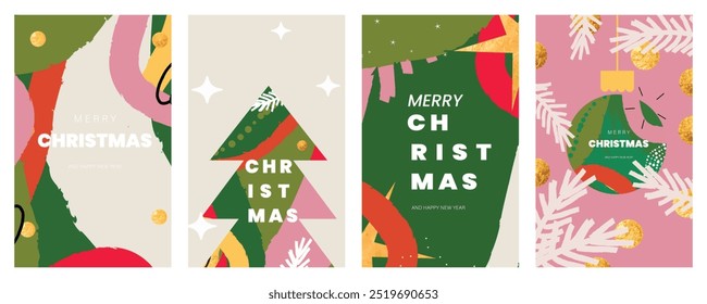 Card Set of Merry Christmas and Happy New Year. Set of greeting cards, posters, holiday covers. Xmas Design with beautiful snowflakes in modern line art style 