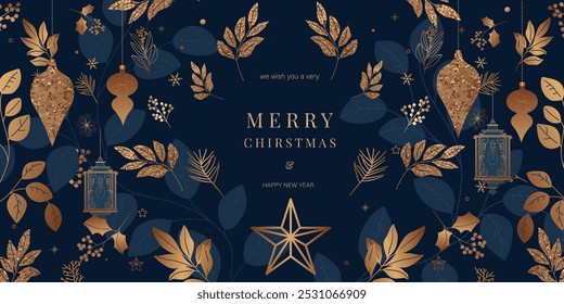 Card Set of Merry Christmas and Happy New Year. Vector illustrations for background, greeting card, Happy Holidays, season's greeting