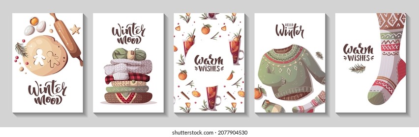 Card set for Merry Christmas and New Year. Mulled wine, knitted clothes, coockies. Cozy winter, home comfort, holidays concept. Vector illustration for poster, banner, card, postcard, cover.