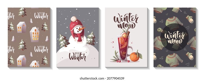 Card set for Merry Christmas and New Year. Snowman, houses, mulled wine, knitted clothes. Cozy winter, home comfort, holidays concept. Vector illustration for poster, banner, card, postcard, cover.