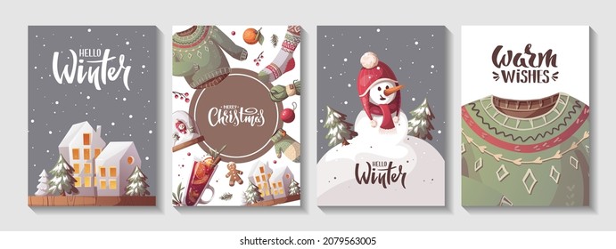 Card set for Merry Christmas and New Year. Houses, knitted clothes, snowman, mulled wine. Cozy winter, home comfort, holidays concept. Vector illustration for poster, banner, card, postcard, cover.