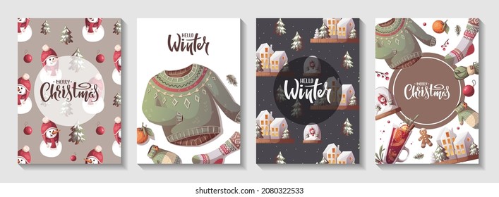 Card set for Merry Christmas and New Year. Houses, knitted clothes, snowman. Cozy winter, home comfort, holidays concept. Vector illustration for poster, banner, card, postcard, cover.