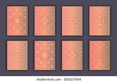 Card set with mosaic lace decorative elements background. Asian Indian oriental ornate banners