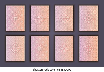 Card set with mosaic lace decorative elements background. Asian Indian oriental ornate banners