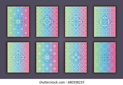 Card set with mosaic lace decorative elements background. Asian Indian oriental ornate banners