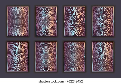 Card set with mosaic lace decorative elements background. Asian Indian oriental ornate banners