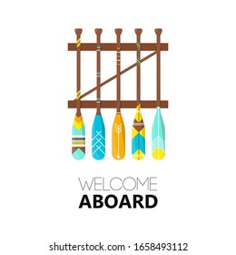 Card with set of oar or paddle boat on wooden shelf. Wood support with canoe elements with ornament. Welcome aboard. Vector Illustration 
