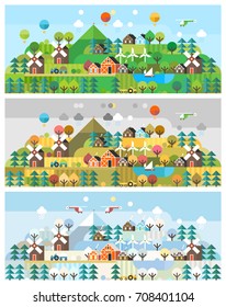 Juego de tarjetas. Paisaje rural. Tres estaciones: verano, otoño, invierno.