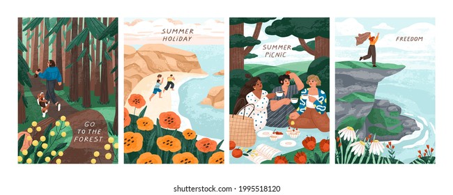 Card set with scenes of people at summer holidays in nature. Vertical postcards with happy women on picnic outdoors, walking in forest with dog and traveling to sea. Colored flat vector illustration
