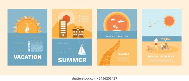 Juego de cartas con vistas al mar, playa soleada. Días festivos en la playa. Paisaje con playa, cielo, nubes, yate en el mar.  Ilustración de viajes de vacaciones y vacaciones de verano. Vector. Diseño tipográfico.