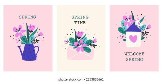 Card set with spring. Vector illustrations