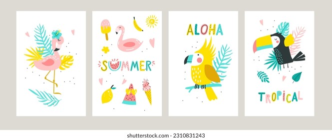 Card set of summer elements:  palm leaves, tropical flowers, flamingo, toucan, Tropical collection. Vector illustrations