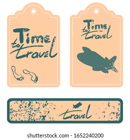 Card set with time to travel text, plane, footprint. Yellow backdrop cards for travel agency, tourism icon, tour promotion, scrapbook sticker, air freshener. White isolated stock vector illustration