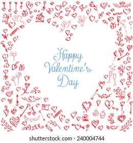 Card with Set of Valentine's day elements with description, hand-drawn, pen-and-ink. Love.Vector illustration.