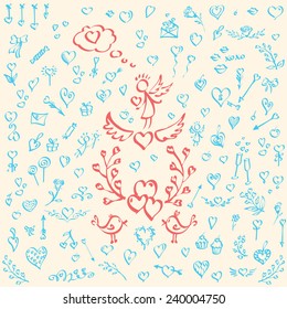 Card with Set of Valentine's day elements, hand-drawn, pen-and-ink. Love.Vector illustration.