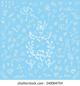Card with Card with Set of Valentine's day elements, hand-drawn, pen-and-ink. Love.Vector illustration.