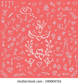 Card with Set of Valentine's day elements, hand-drawn, pen-and-ink. Love.Vector illustration.