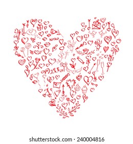 Card with Set of Valentine's day elements heart-shaped, hand-drawn. Love. Vector illustration.