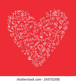 Card with Set of Valentine's day elements heart-shaped, hand-drawn, pen-and-ink. Love. Vector illustration.