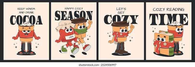 Cartão definido para as estações de inverno e outono. Cartazes retrô dos anos 70 com personagens fofos groovy. Xícara de café, geleia, xícara de cacau, livro. Ilustração vetorial