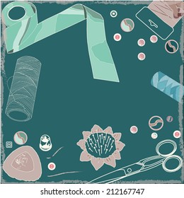 Card with several sewing items above a chalkboard