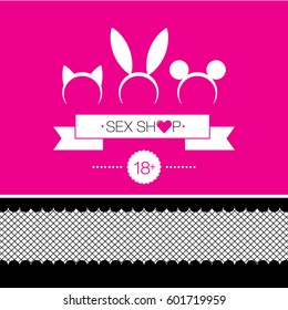 Card with sex shop elements. Vector illustration.