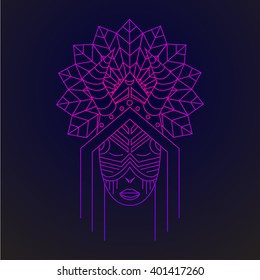 Card with Shaman, logo design in vector Shaman Illustration for design pattern textiles print on t-shirt cup canvas and other object, for logo sites. Tribal style, ethnic style. Feather headdress