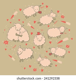 Card with sheep. With elements of carrots, flowers, circles, flowers