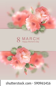 Card with shining vector flowers. Happy women's day greeting card. Postcard on March 8. Romantic floral background