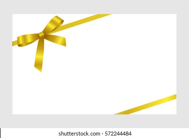 Card with Shiny Golden Satin Gift Bow Close up, has space for text on white  background. Vector image.