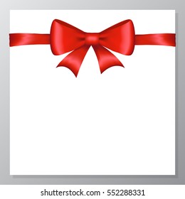 Card with shiny red bow and ribbon on a white paper background. Vector.
