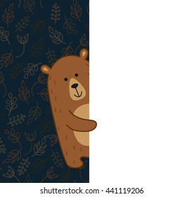 Card side decorative element. Cute bear in trendy flat style. Perfect for cards, invitations, kid's menu.
