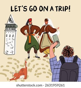 Card, sightseeing in Turkey, childish style, hand drawn, line drawing, texture. Vector illustration.