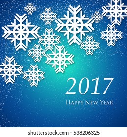 Card with sign - Happy New Year. Card with snowflakes on blue background. Elegant greeting card.