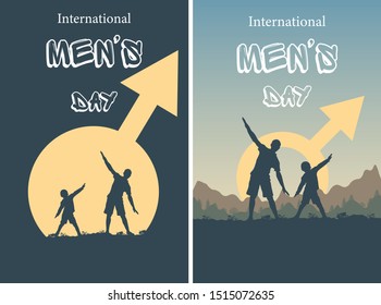 Card with silhouette of men and boy on background symbol of Mars - sign of gender and adventure landscape. Dad and son in different positions spread their arms as if fly or active sports outdoor.