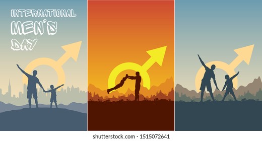 Card with silhouette of men and boy on background symbol of Mars - sign of gender and adventure landscape. Dad and son in different positions spread their arms as if fly or active sports outdoor.