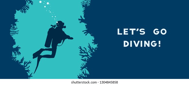 Card with silhouette of scuba diver swims in the underwater cave near the coral reef. Vector nature illustration with text - Let's go diving! Water sport.