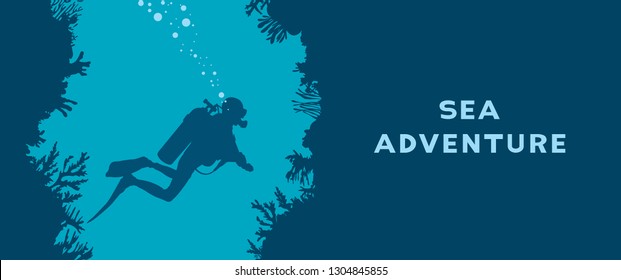 Card with silhouette of scuba diver, underwater cave and coral reef. Vector nature illustration with text - Sea adventure. Water sport.