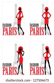 Card with silhouette of woman and Eiffel tower. vector