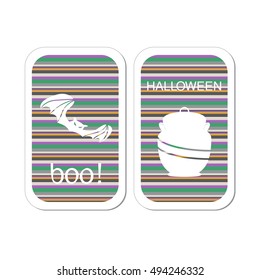 Card with silhouettes of Halloween: bat and witches pot. White Boo! on the color. Vector illustration.