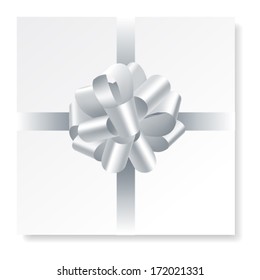 Card with silver gift bow with ribbons. Vector illustration