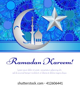 Card with silver moon and star on blue mandala pattern for greeting with Islamic holidays Ramadan, Eid al-Fitr, Eid al-Adha. Vector illustration