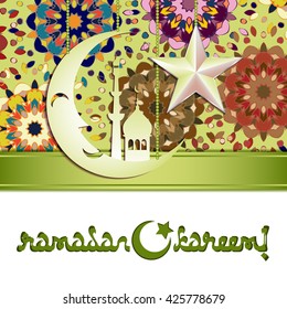 Card with silver moon and star on colorful mandala pattern for greeting with Islamic holidays Ramadan, Eid al-Fitr, Eid al-Adha. Vector illustration