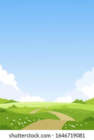 Card with a simple landscape, green meadows, blue sky with clouds. Spring natural background. Summer park with a trail. Vector illustration with copy space