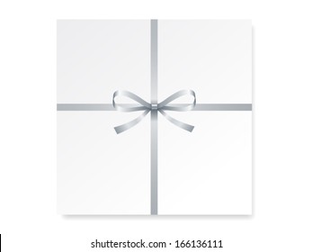 Card With Single Gift Bow Of Silver Color, Cross Ribbon On White, Vector