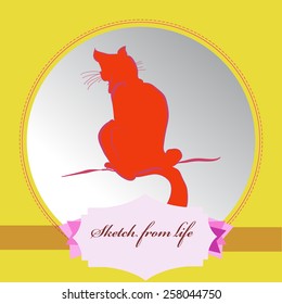 Card with sitting cat, label on a  gradient gray     circle. Hand drawn. Sketch from life.
