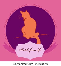 Card with sitting cat, label on a   dark pink    circle. Hand drawn. Sketch from life.