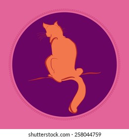 Card with sitting cat on a  dark pink circle. Hand drawn. Sketch from life.