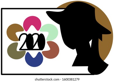 card of six colors and woman for new year 