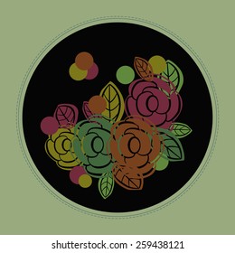 Card with sketch of colored roses, leaves, ellipses on a circle. Handmade.